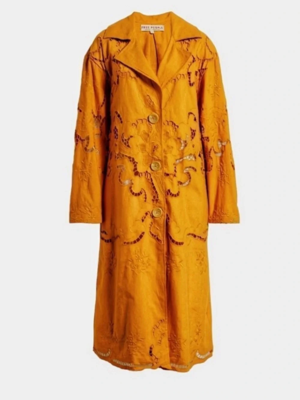 Free People Ochre Cutwork Long Trench Coat